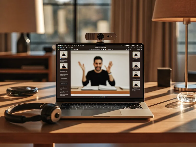 Videogespräch-Aufbau mit Laptop, Kopfhörern und Webcam im warmen Lampenlicht
