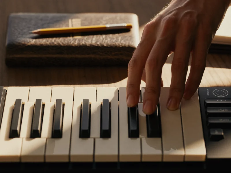 Nahaufnahme von Tastatur und Hand mit Notizbuch und Bleistift im Seitenlicht