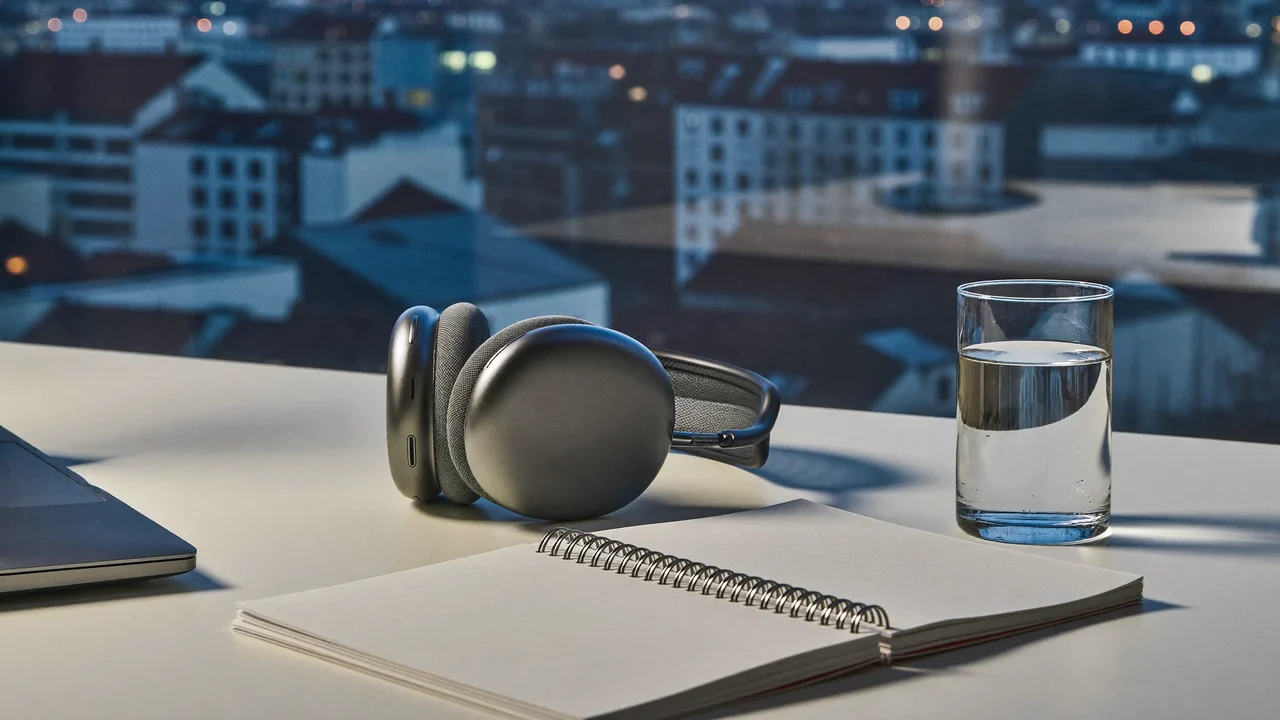 Abendlicher Schreibtisch am Fenster mit Blick über Zürcher Dächer, geschlossener Laptop und Kopfhörer