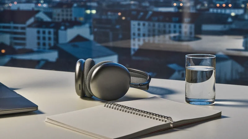 Abendlicher Schreibtisch am Fenster mit Blick über Zürcher Dächer, geschlossener Laptop und Kopfhörer